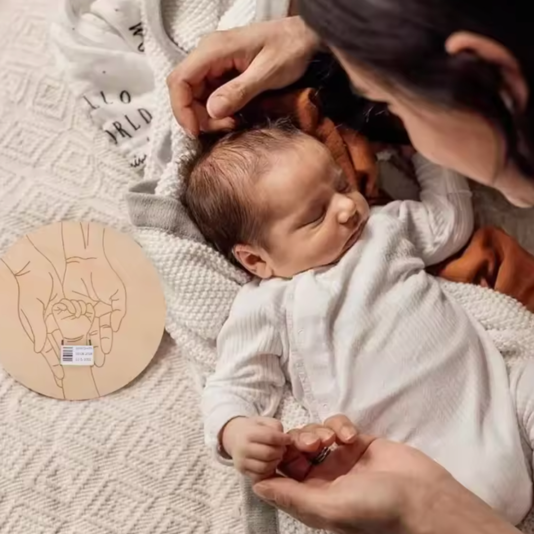 KleinGeluk® | Houten Herinneringsbordje – Bewaar het Ziekenhuisbandje van je Baby met Liefde